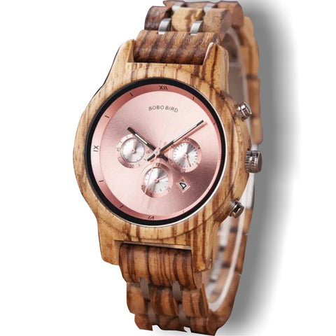 Montre viking pour femme cadran rose bracelet de bois et 3 bouton de régale dur le côté droit (la montre est chronophage)