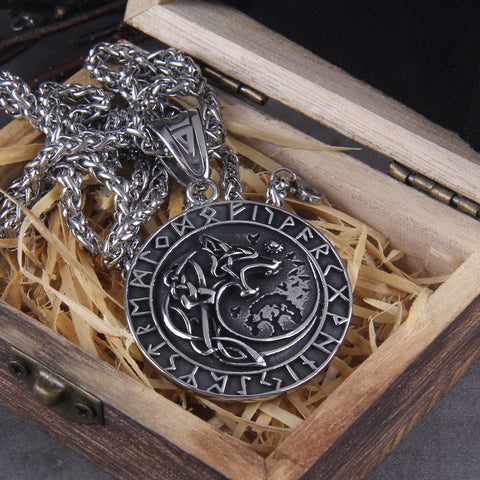 Pendentif viking tête de loup argent et runes