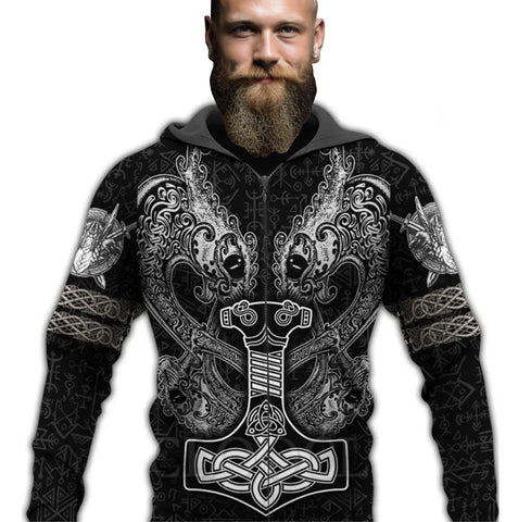 sweat shirt vokong pour homme motifs viking Jormundgand, marteau de thor, triskel col a capuche avec fermeture éclair