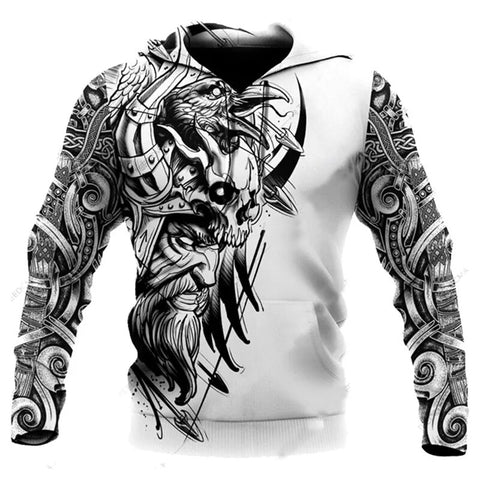 sweat-shirt nordique à capuche représentant Odin et tous ses symboles tete de mort, corbeaux, casque à cornesportable par un homme ou une femme