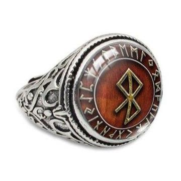 symbole runique sur bague pour homme ou femme - bijou métal et verre - partie sigillaire fond marron