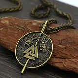pendentif viking avec chaine ou collier de cuir -bijou avec symbole du valknut et les deux corbeaux d'odin -chaine et pendentif couleur bronze