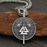 pendentif viking avec chaine ou collier de cuir -bijou avec symbole du valknut et les deux corbeaux d'odin -chaine et pendentif couleur argent chaîne en métal