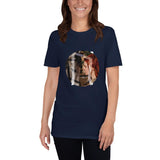 t-shirt bleu marine avec symbole viking cheval et photographie communion entre femme et animal